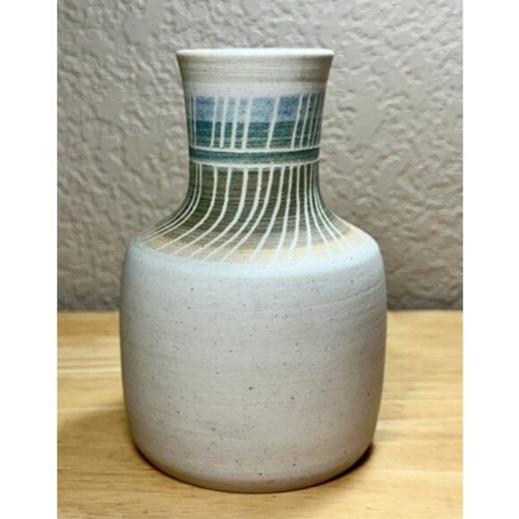 Art Pottery Vase Neutral Abstract Zen Minimalist MCM Blue Green Gold 5.25” - Picture 5 of 10